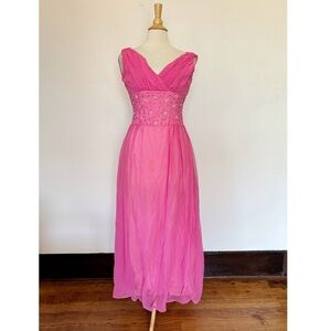 Vintage 50s Pink Pearl Embellished Sleeveless Formal Gown